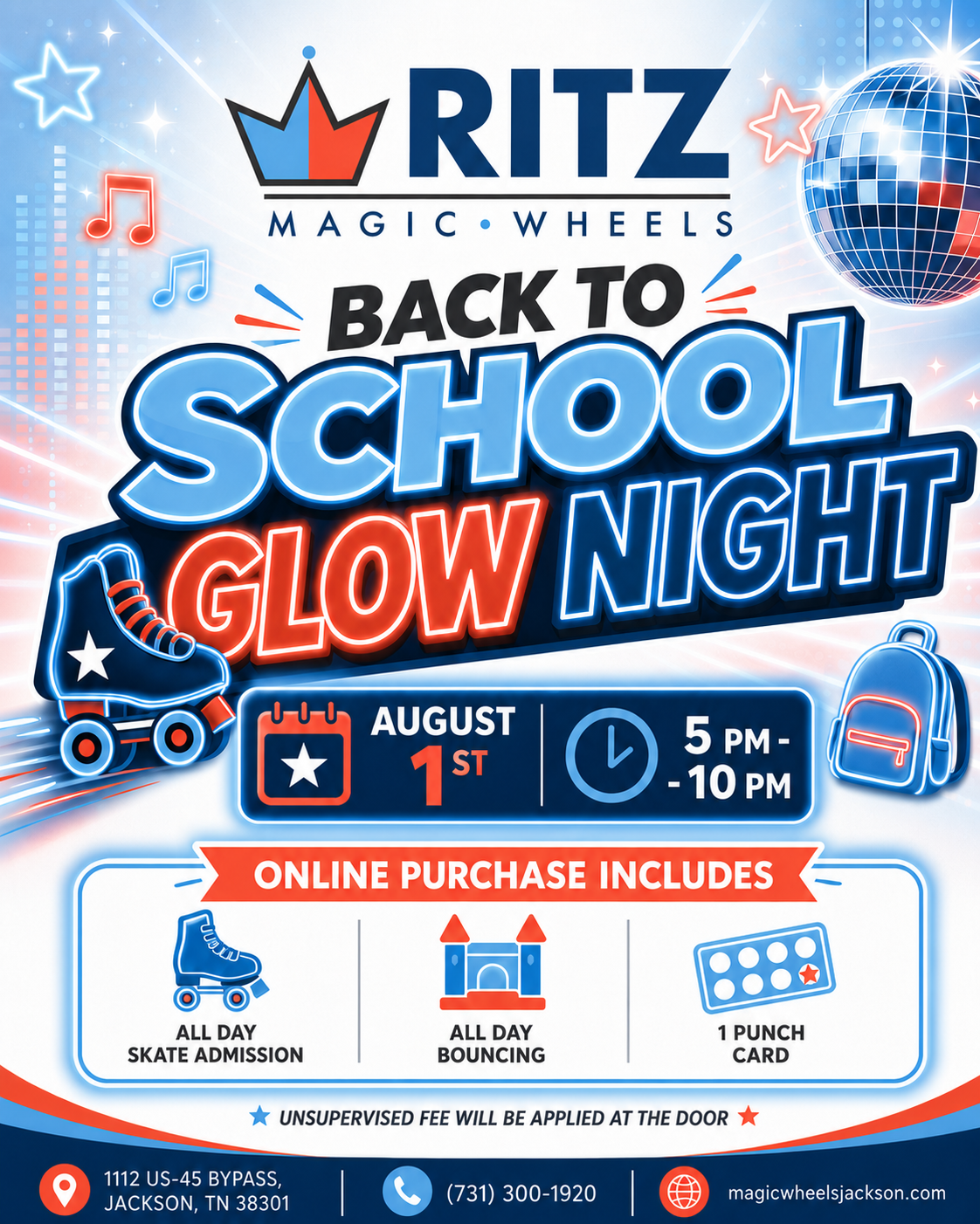 Back to School Glow Night at Ritz Magic Wheels — August 1st, 5 PM to 10 PM